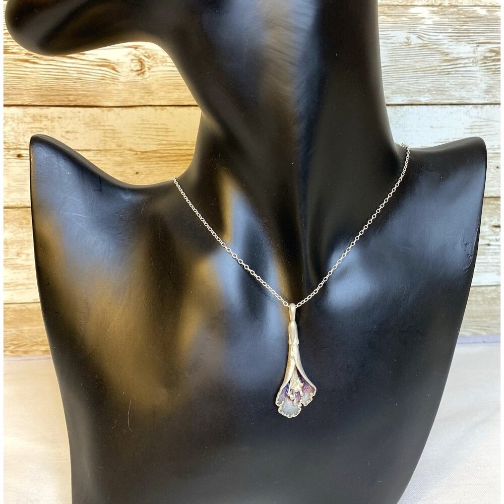 Vtg Coin Silver Purple & Sage Green Enamel Calla Lily Iris Pendant Chain 16”